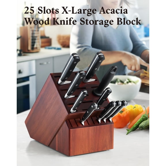 Acacia wood Knife Block Holder without Knives, 25 Slot X-Large Universal Countertop Butcher Block Kitchen Knife Stand for Easy Kitchen Storage