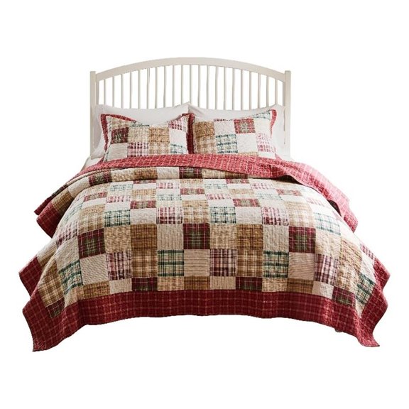 Benjara Evi 3pc Cal King Quilt and Pillow Sham Set- Plaid Pattern- Multicolor