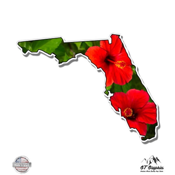 Florida Shape Red Hibiscus - 3" Vinyl Sticker - For Car Laptop I-Pad Phone Helmet Hard Hat - Waterproof Decal