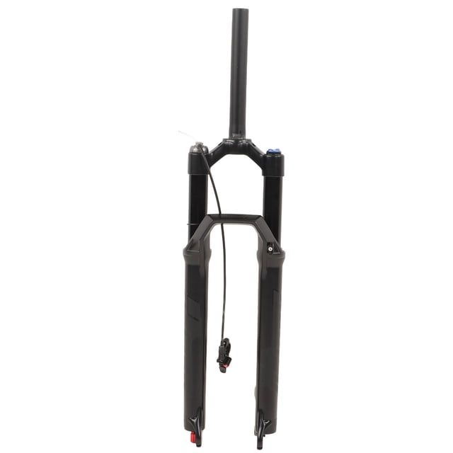 bolany horquilla delantera para bicicleta de montaña suspensión amortiguada de 34 mm horquilla delantera control de línea recta 29 pulgadas horquilla negra con tubo de dirección largo, doble vaina de aleación, cable de bloqueo remoto visible, recorrido 100 mm y eje de 9 mm (0.4 pulg). A menudo usada como repuesto práctico para bicicletas de montaña y adecuada para rutas con terreno variado.