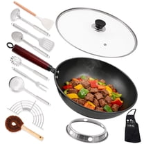 12.6" Carbon Steel Wok Pan-14Pcs Woks & Stir Fry Pans Wok Pan with Lid,No Chemical Coated Chinese Woks with 12 Cookware Accessories,Flat Bottom Wok for Electric,Induction,Gas Stoves