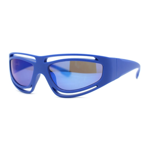 Trendy Vented 90s Sport Wrap Around Thick Arm Plastic Rectangular Sunglasses Blue - Blue Mirror