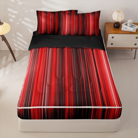jejeloiu Red Black Gradient Stripe Texture Zipper Twin Comforter Sets with Fitted Sheet and 2 Pillowcases Kids,Ombre Pattern Zipper Bedding Set,Reversible,4 Pieces
