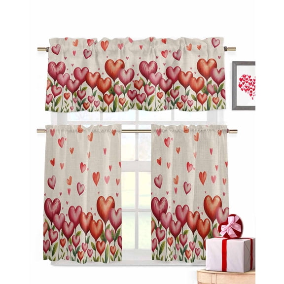 Valentine's Day Kitchen Curtains Valances and Tiers Set of 3, 24 Inch Length Tier Curtains and Valance Rod Pocket Valance Curtains Set for Kitchen Bathroom Small Windows