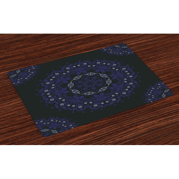 Dark Blue Placemats Set of 4 Oriental Round Ornate Mandala Lace Style