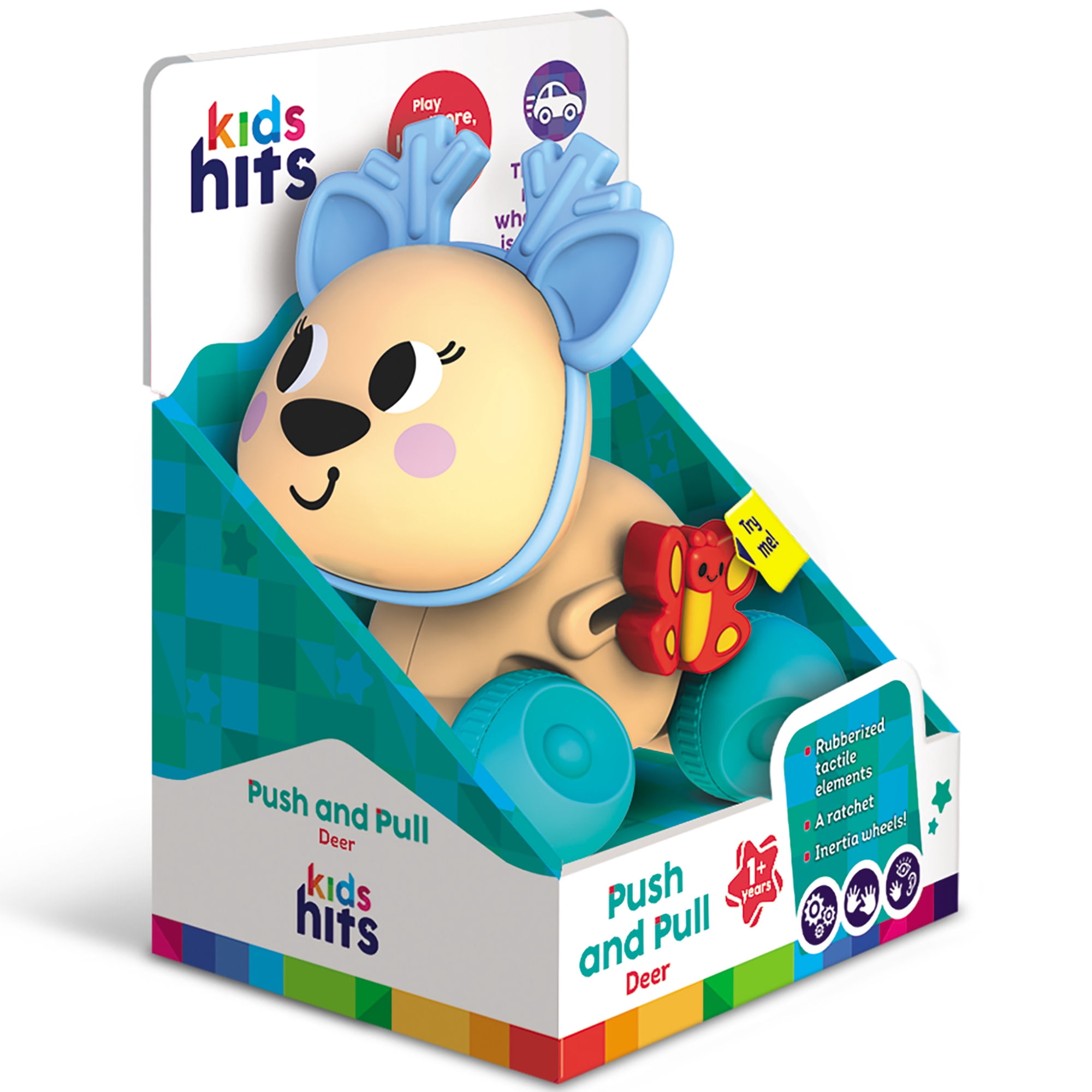 Kids Hits: Push & Pull Deer -Tan - Tactile Motion Play Toy, Easy-To-Roll Inertia Wheels, Bright Colors, Rotating Animal Head, Rachet, Toddlers 1+