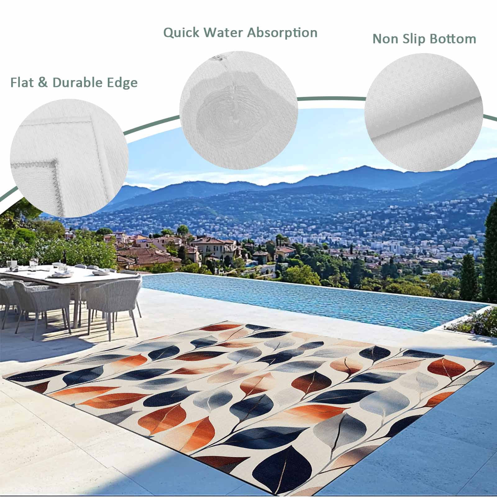 Navy Blue Burnt Orange Botanical Outdoor Rug 4x6 Ft - Reversible Patio Rug Outdoor Camping Rugs, Vintage Leaves Washable Indoor Outdoor Area Rugs, Non-Slip Outdoor Carpet Runner for Deck/Porch