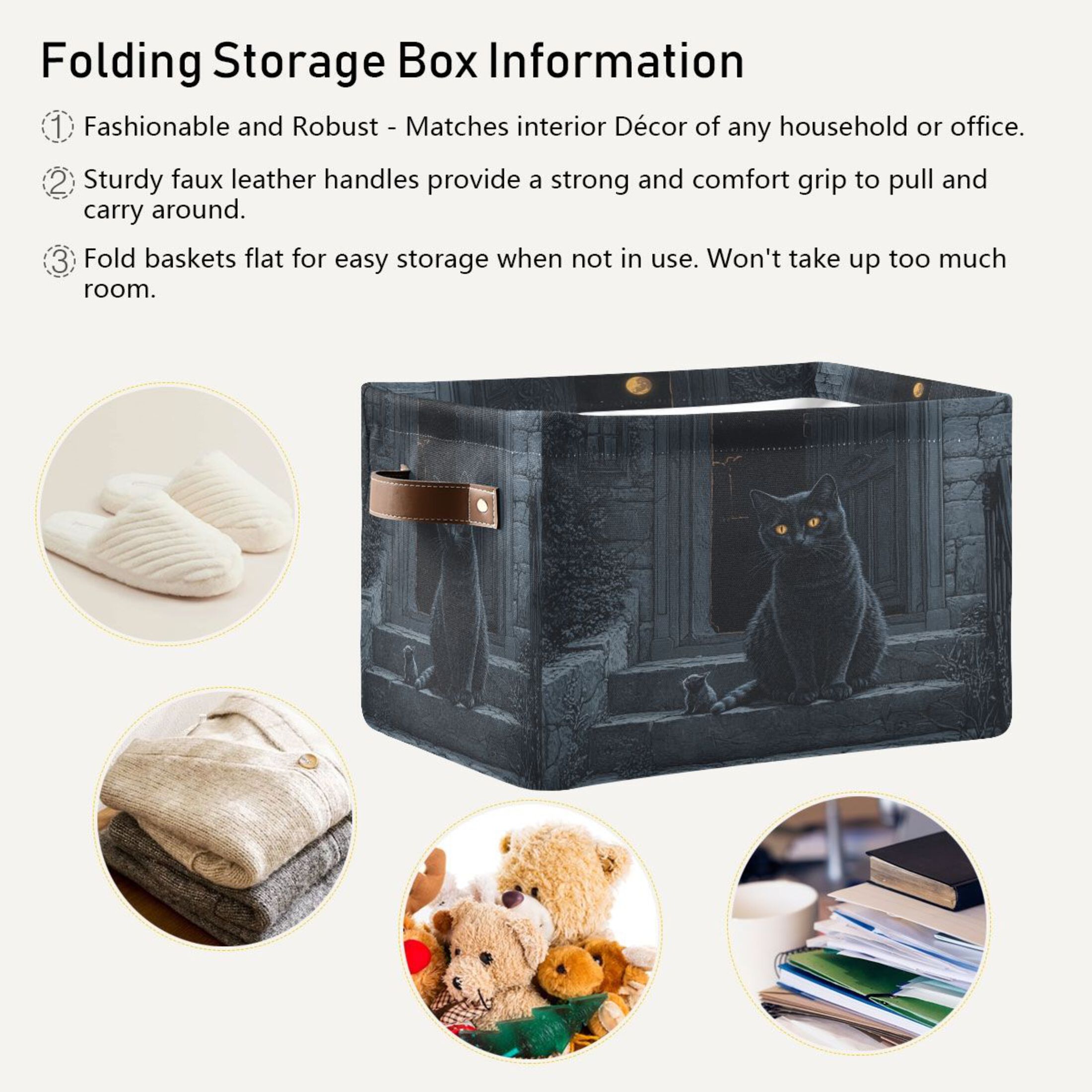 WOBOGO Black Cat Guard Square Storage Basket with Waterproof Canvas and PE Lining Durable PU Leather Handles 14.2×10.2×8.3in