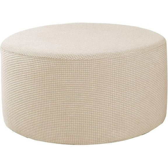 Chic Ottoman Cover, Comfortable Fabric Slipcover for Round Ottomans, Easy Care Machine Washable, Vibrant Checks for Aesthetic Decor & Non-Slip Design for Home Use (Beige)
