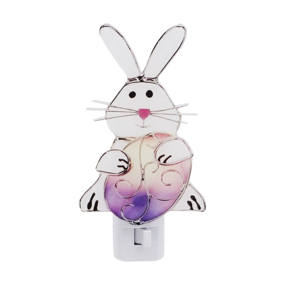 Easter Bunny Night Light Decorations - 6" Stained Glass Easter Bunny Plug into Nightlight, Holiday Home Decor for Easter Spring Decorations, Bunny Lamp for Bedroom, Living Room, Hallway