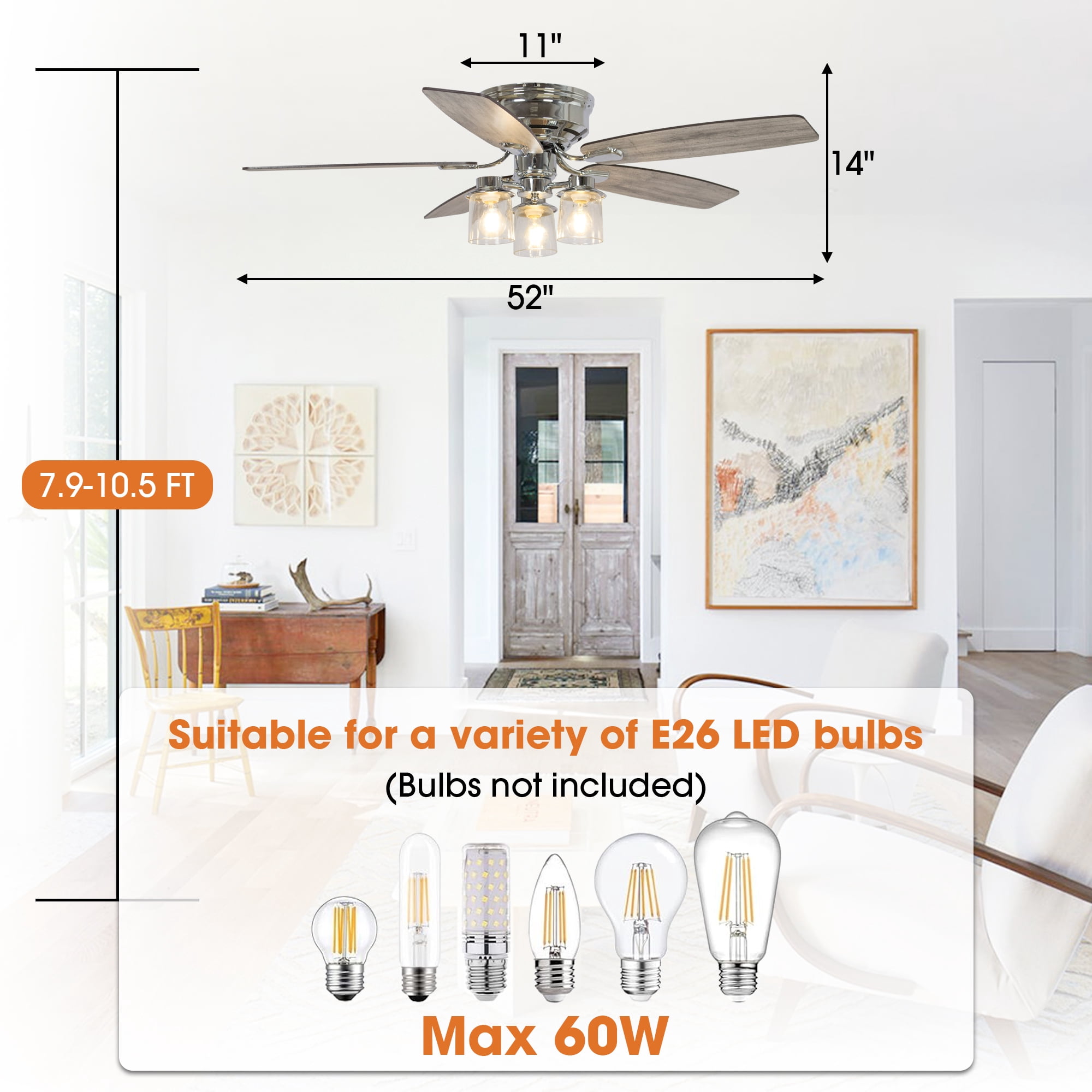 52" Modern Glass Shade Flush Mount Ceiling Fan with Remote and Light, Chrome Low Profile Chandelier Ceiling Fan