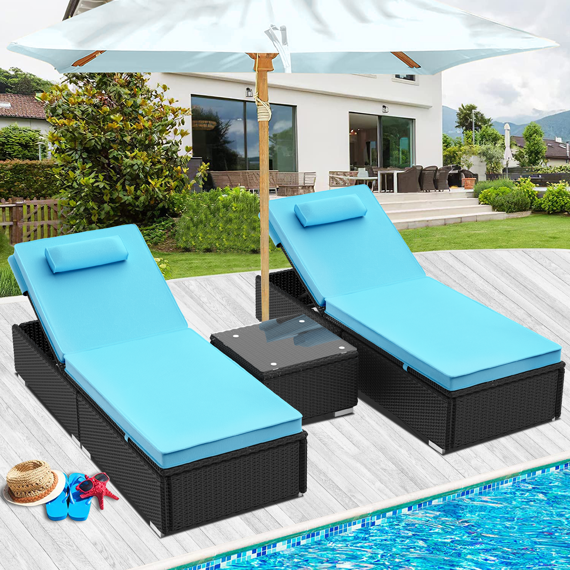 SESSLIFE Chaise Lounge Chair for Outside, Rattan Wicker Outdoor Lounge Chair, Adjustable Pool Lounge Chair with Side Table & Thickened Cushion for Patio Poolside Deck - image 2 of 8