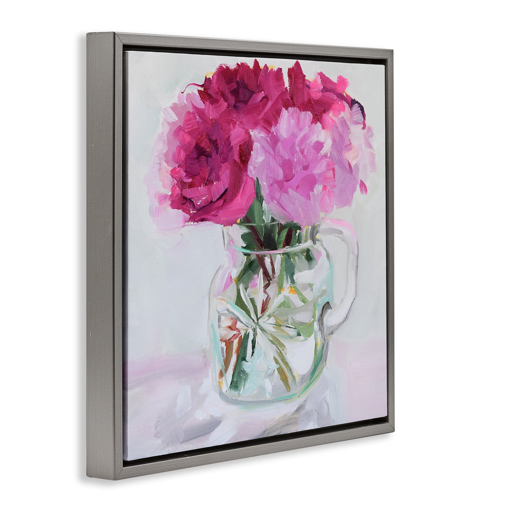 Stupell Industries Pretty In Pink Peonies Plants & Flowers Painting Gray Floater Framed Canvas Art Print Wall Art, 25 x 25