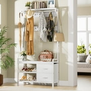 GIKPAL 32" W Hall Tree 4 in 1 Entryway Bench with Coat Rack Industrial Entryway Furniture with Shoe Bench and Storage+2 Drawers+17 Hooks, White