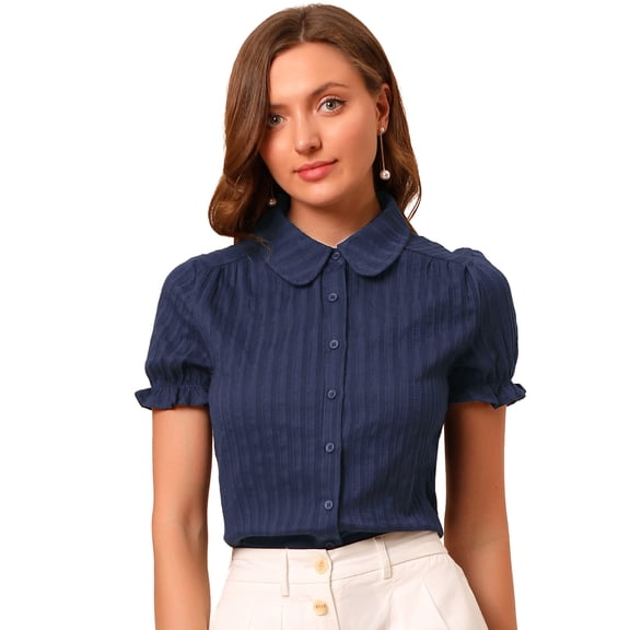 DARING DIVA Women's Cotton Frilled Peter Pan Collar Blouse XS Blue