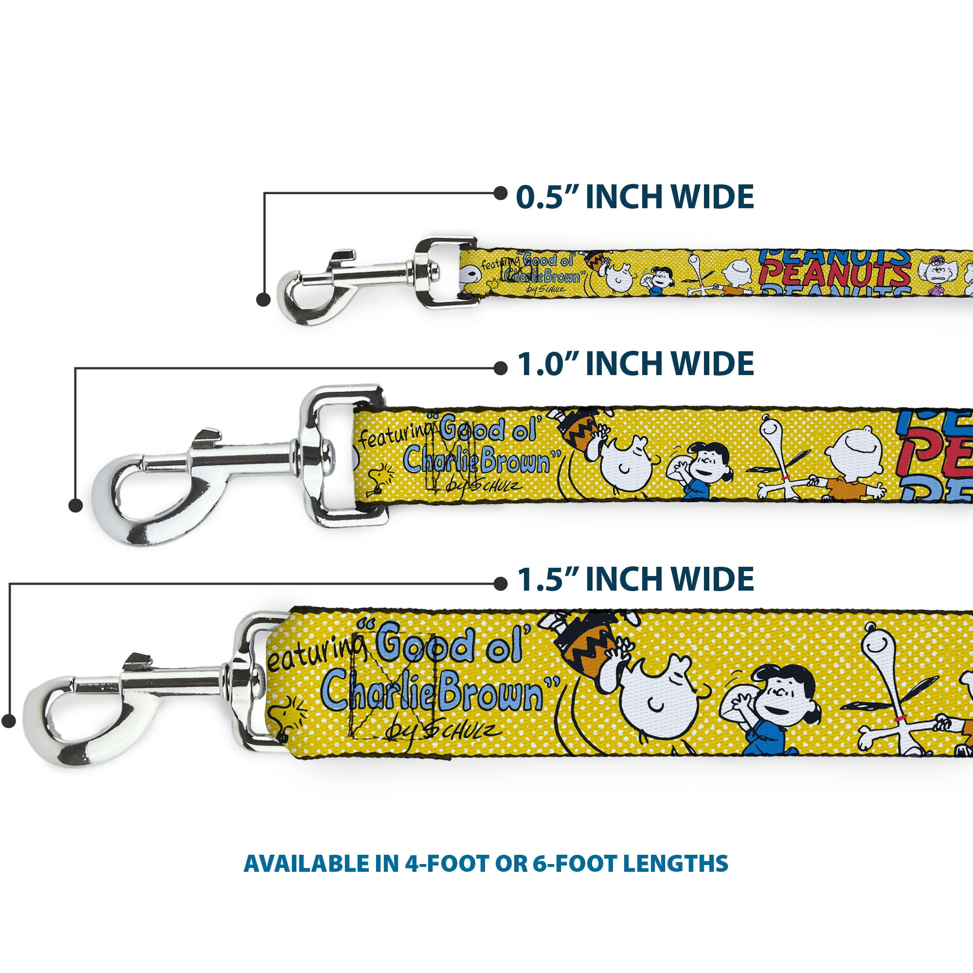 Peanuts Worldwide LLC Pet Leash, Dog Leash, Peanuts Gang Featuring Good Ol Charlie Brown Poses Yellow, 6 Feet Long 1.0 Inch Wide