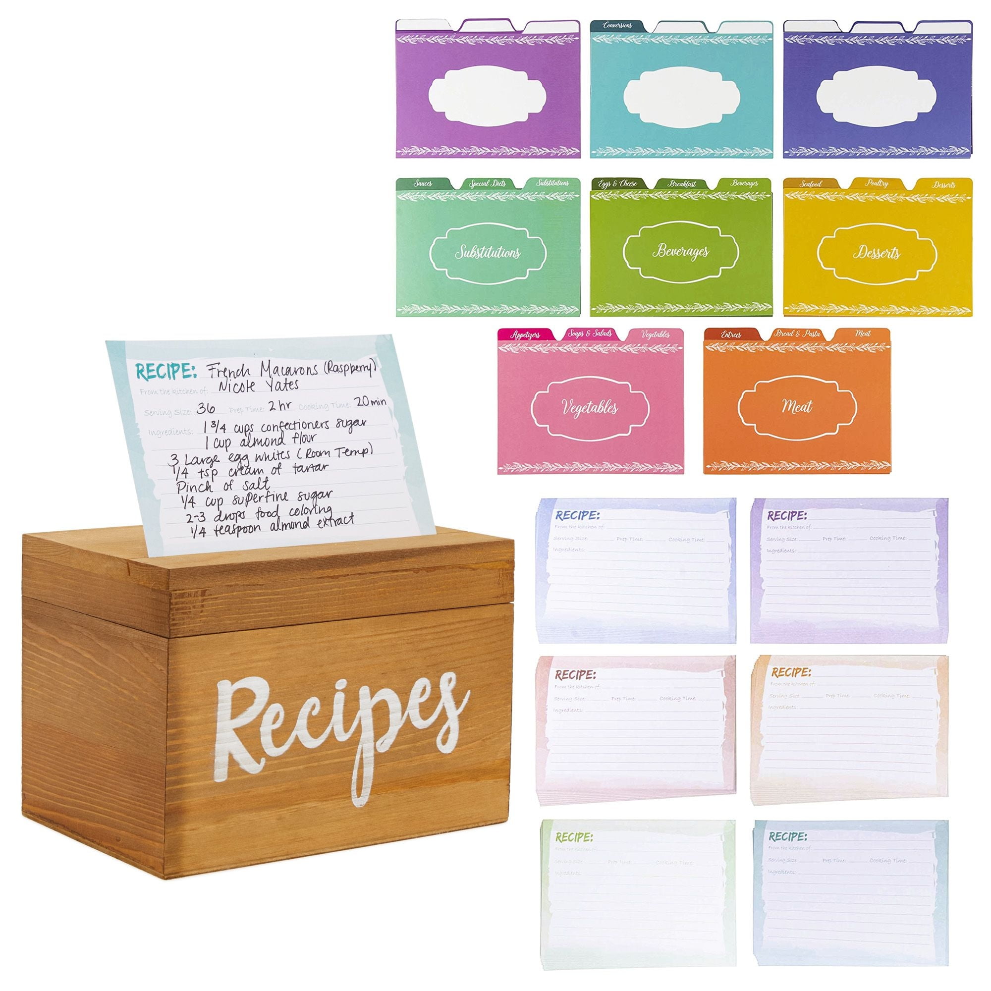 Juvale Wood Recipe Organization Box with Cards and Dividers, 7.1 x 5 x 4.7