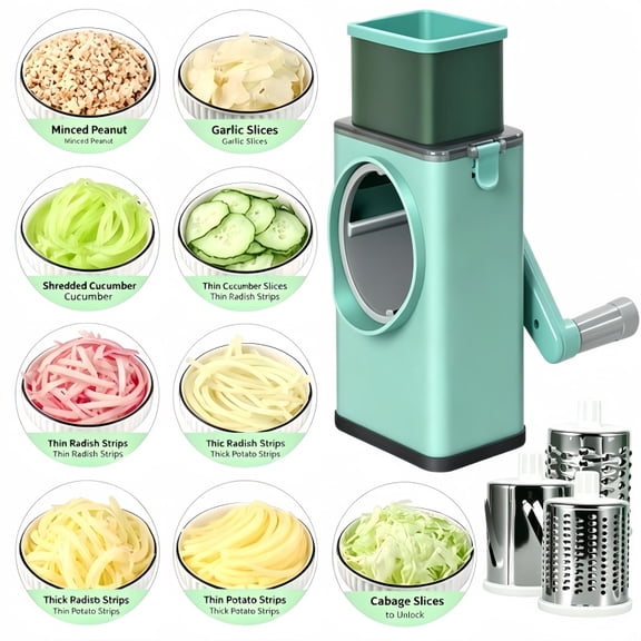 Cheese Grater Hand Crank Rotary Vegetables Shredder with Handle | 3-in-1 Graters, Interchangeable Blades, Non-slip Base, Multifunctional Slicer