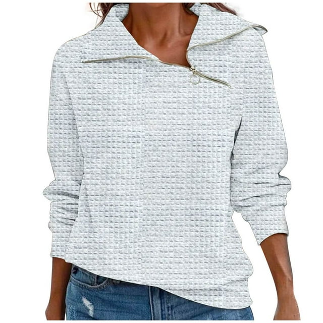 JUNWELL Spring New Women‘s Retro Casual Neck Zipper Solid Color Sweater Plaid Pullover Sweater Top