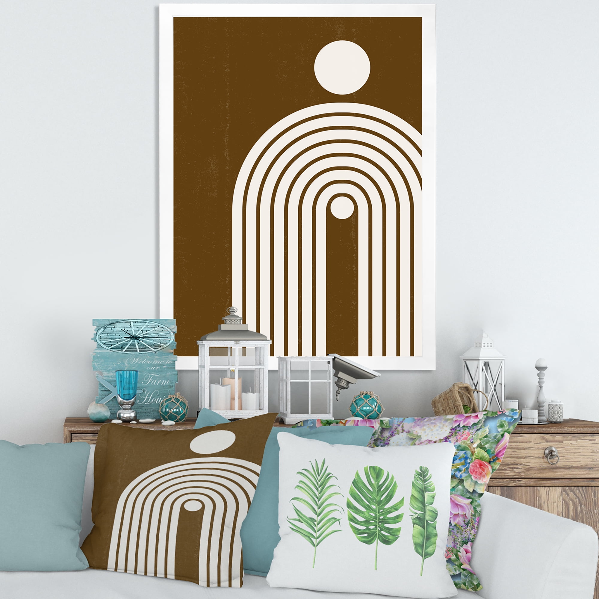 Designart 'Terracotta Minimalist Boho Rainbow With Sun' Modern Framed Art Print