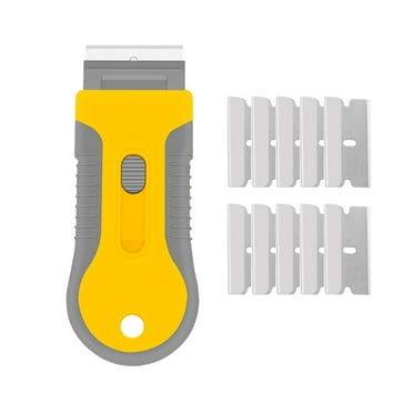FACEGA Razor Blade Scraper，Retractable Razor Scraper with 10 Steel Blades and 2 Plastic Blades,Scraper Tool for Removing Labels, Stickers, Paint from Glass and Stovetop,Yellow