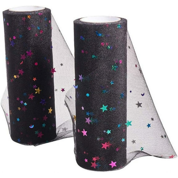Star Sequin Deco Mesh Ribbons Tulle Fabric Tulle Roll Spool Fabric For Skirt Making Black 6 inch(15.24cm) about 10yards/roll(9.144m/roll)