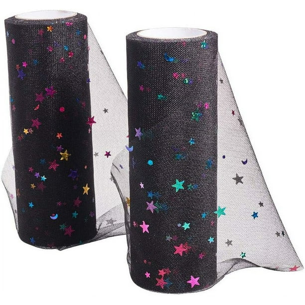 2 rollos de tela de tul brillante con lentejuelas de 15 x 9 metros para decoración, lazos, manualidades, bodas y fiestas - 18 metros en total (negro)