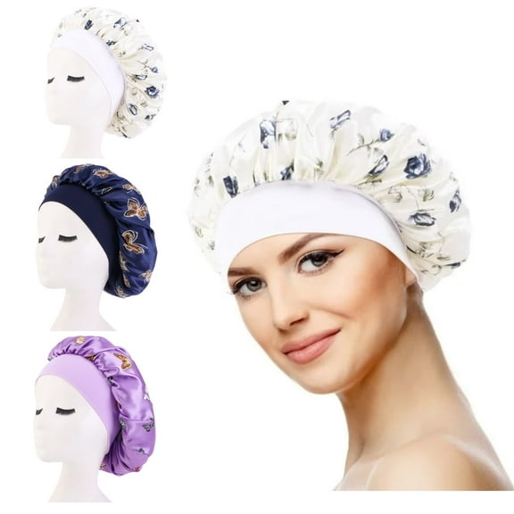 Wowstyle Shower Caps 3 Piece Waterproof Bath Caps Reusable Shower Caps Elastic Band Bath Hair Hat Sleeping Bonnet for Women Ladies Spa Salon