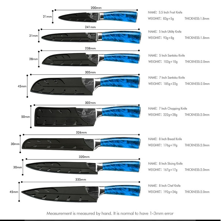 FULLHI 14pcs Knife Set, Blue Resin Handle 8pcs Chef Knives with Roll bag  and Gadgets, Japanese Knife Set, Premium German Stainless Steel Kitchen  Knife Set