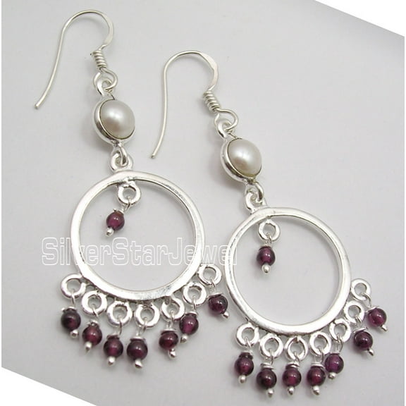 SilverStarJewel 925 Silver Fresh Water Pearl & Garnet Earrings 2.2"