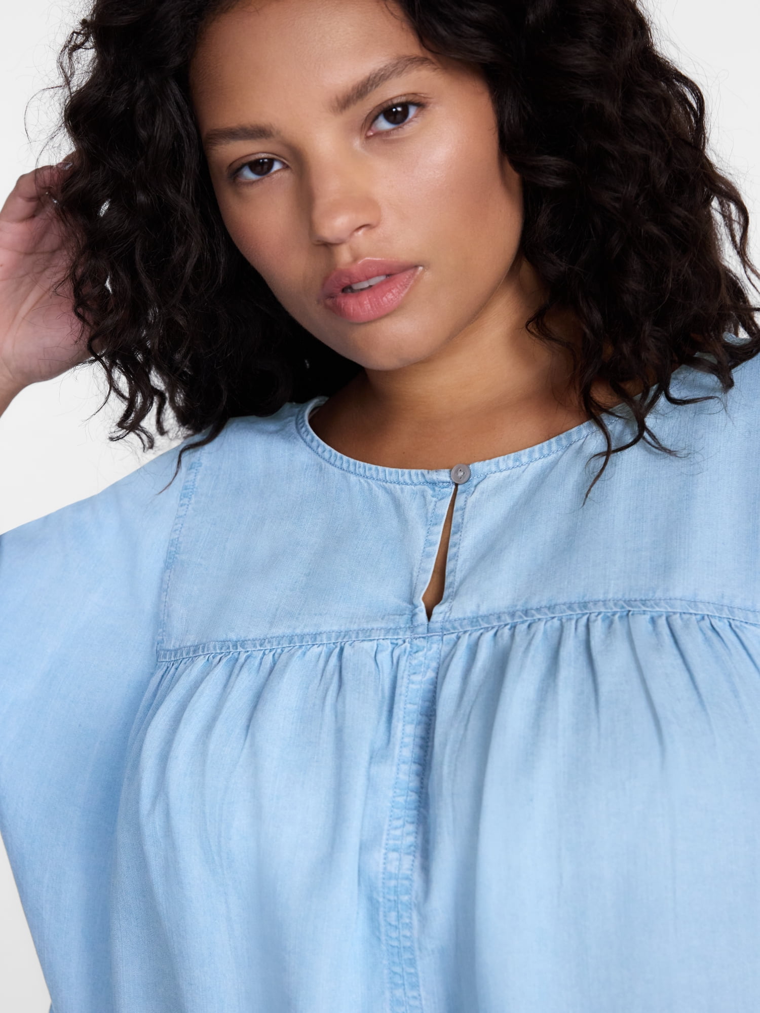 Terra & Sky Pleated Keyhole Front Blouse with Long Puff Sleeves, Sizes 0X-5X