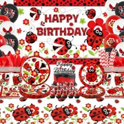 Ladybug Birthday Decorations - Ladybug Party Decoration, Plates Cups Napkins Tablecloth Happy Birthday Backdrop Balloon Cake Toppers for Ladybug Themed Party Supplies, Serves 20
