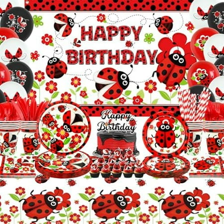 Ladybug Birthday Decorations - Ladybug Party Decoration, Plates Cups Napkins Tablecloth Happy Birthday Backdrop Balloon Cake Toppers for Ladybug Themed Party Supplies, Serves 20
