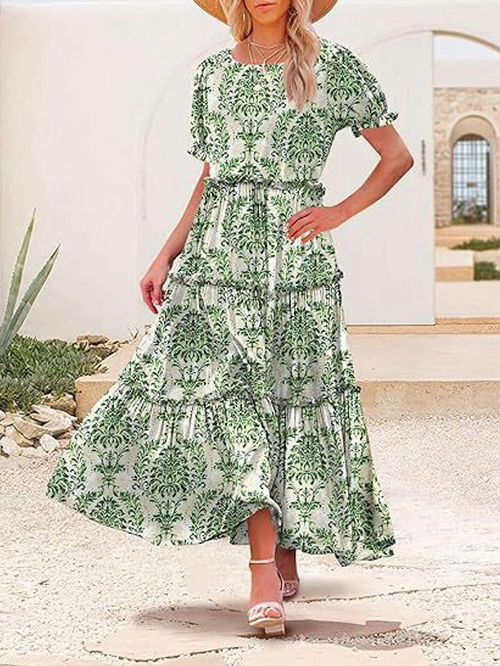 Summer Casual Bohemian Floral Dresses for Women Puff Short Sleeve Long Maxi Dress with Pockets Green L
