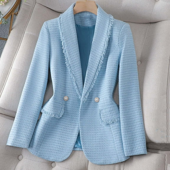 Delliss Women's Loose Lapel Button Suit Coat Long Sleeve Top Stylish Classic Jacket Sky Blue M
