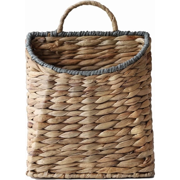 Woven Hanging Basket Water Hyacinth Hanging Wall Basket Wicker Handmade Baskets for Garden Farmhouse Home (Paper rope mouth)