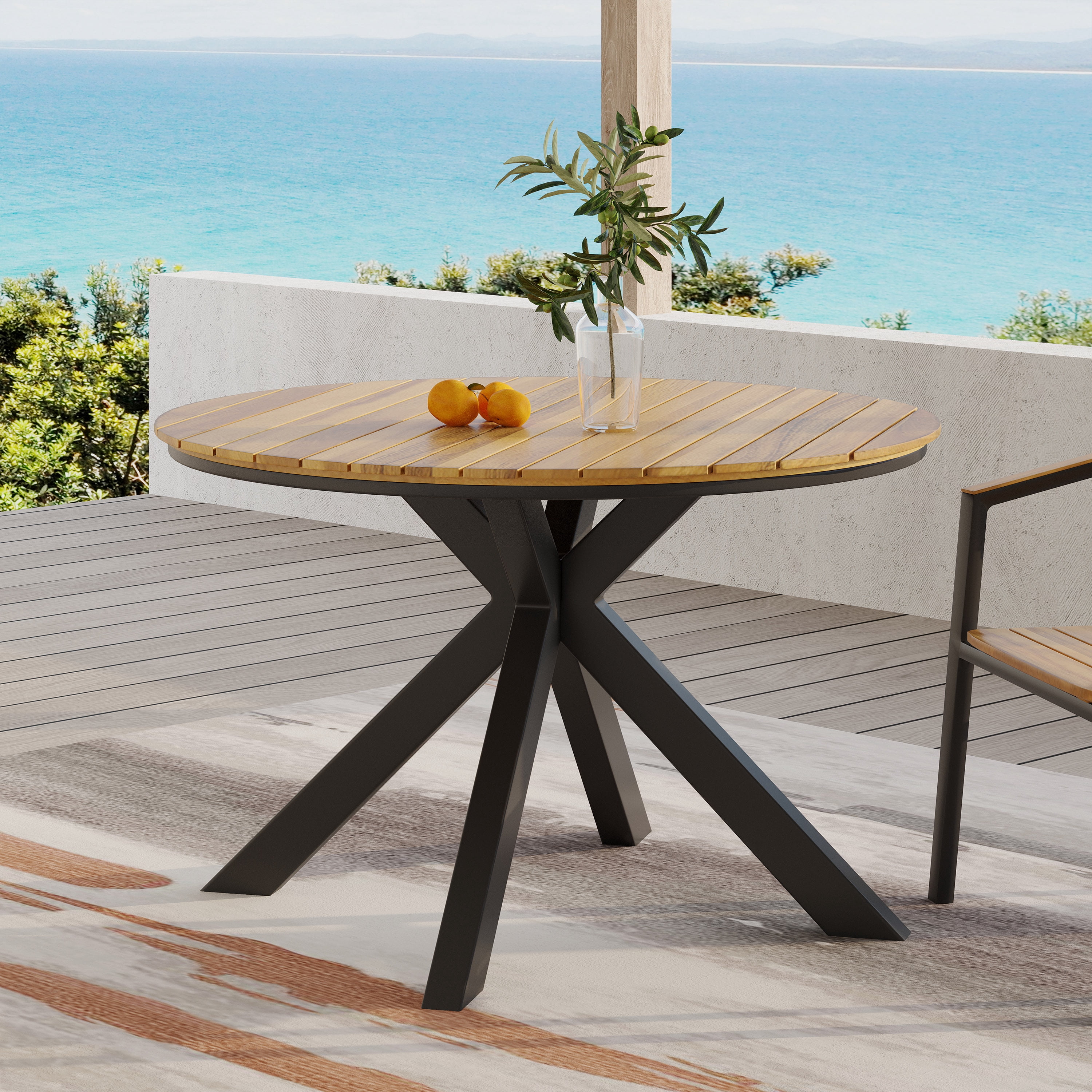 Outdoor Dining Table, Teak Acacia Wood Tabletop and Black Metal Leg for Patio Garden Deck, Teak