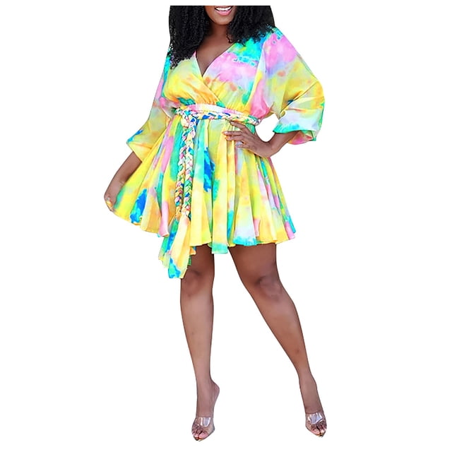 Fridja Robe de Banquet Tissée à Imprimé pour Femme à Col en V avec Ceinture Grande Taille