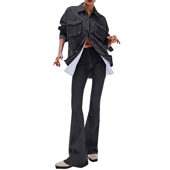 Women's Mid Waist Flared Jeans, High Rise Retro Vintage Distressed Bootcut Denim Pants, Stretch Elastic Waist Skinny Fit Casual Streetwear Jeans for Daily Wear Black L