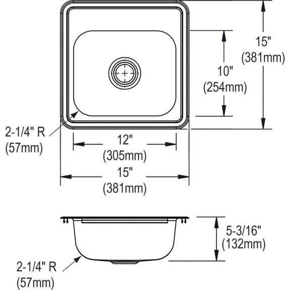 Single Bowl Top Mount Stainless Steel Bar Sink, 15 x 15 with 2" Drain Hole