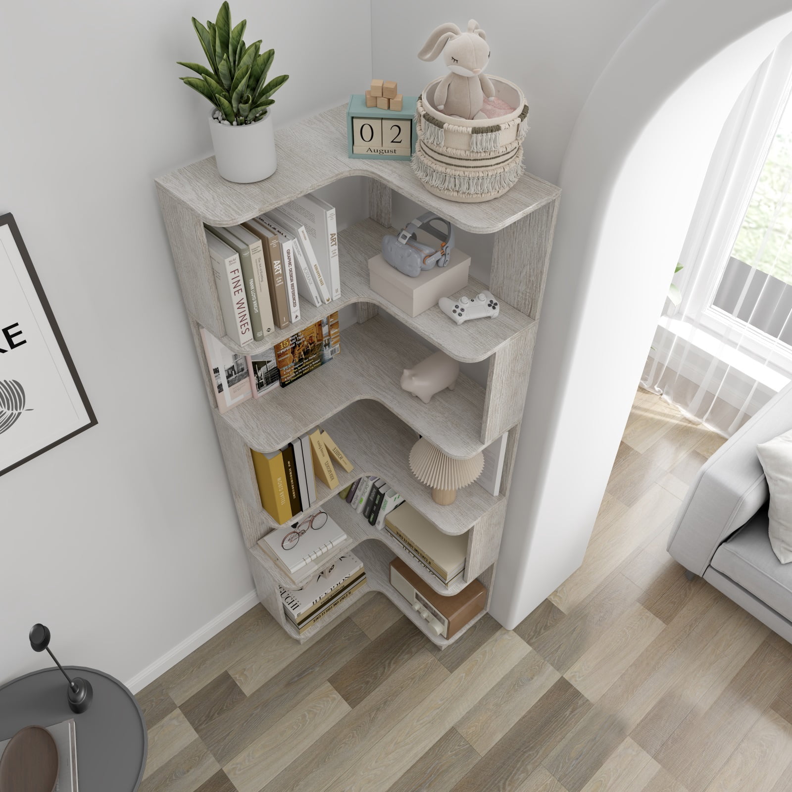 Hommoo 6-Tier Freestanding L-Shaped Corner Bookshelf Display Shelf, Wooden Bookcase Multifunctional Open Storage Rack Organizer, Light Gray