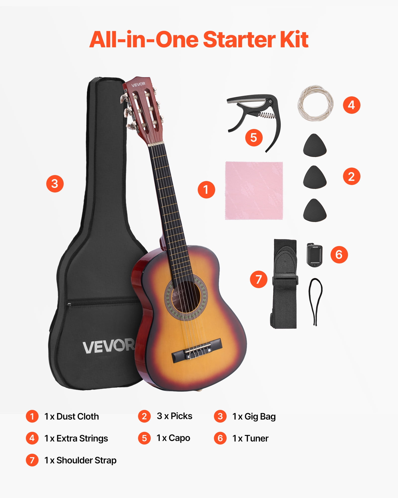 VEVOR 30in Classical Guitar,Wood Guitar Starter Kit for Beginners, with Nylon Strings, Gig Bag, Strap, Tuner, Extra Strings, Pick, Capo, Basswood,for Kids Girls Boys Students, Sunburst