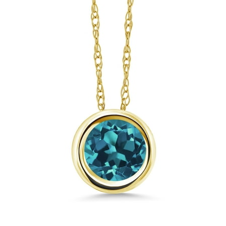 Blue Agate Round Pendant - 1.05 Ct Round London Blue Topaz 14K Yellow Gold Pendant With Chain