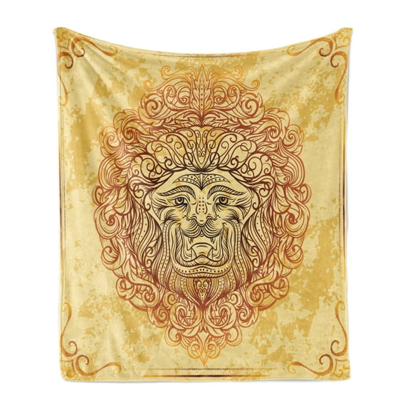 Safari Soft Flannel Fleece Blanket, Zodiac Lion Baroque Motifs on Grunge Aged Background Pride Sign Astrology Theme, Cozy Plush for Indoor and Outdoor Use, 50" x 70", Yellow Orange, by Ambesonne
