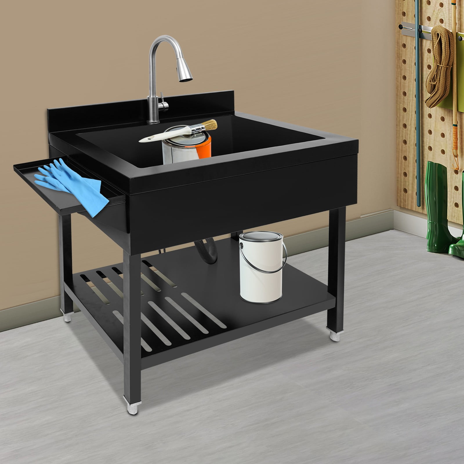 Black Stainless Steel Single Bowl Sink, 35.4" x 22.4" x 37" Commercial Kitchen Sink Freestanding Prep & Utility Sink with Cold and Hot Water Faucet for Kitchens, Bathrooms, Garage, Laundry Room