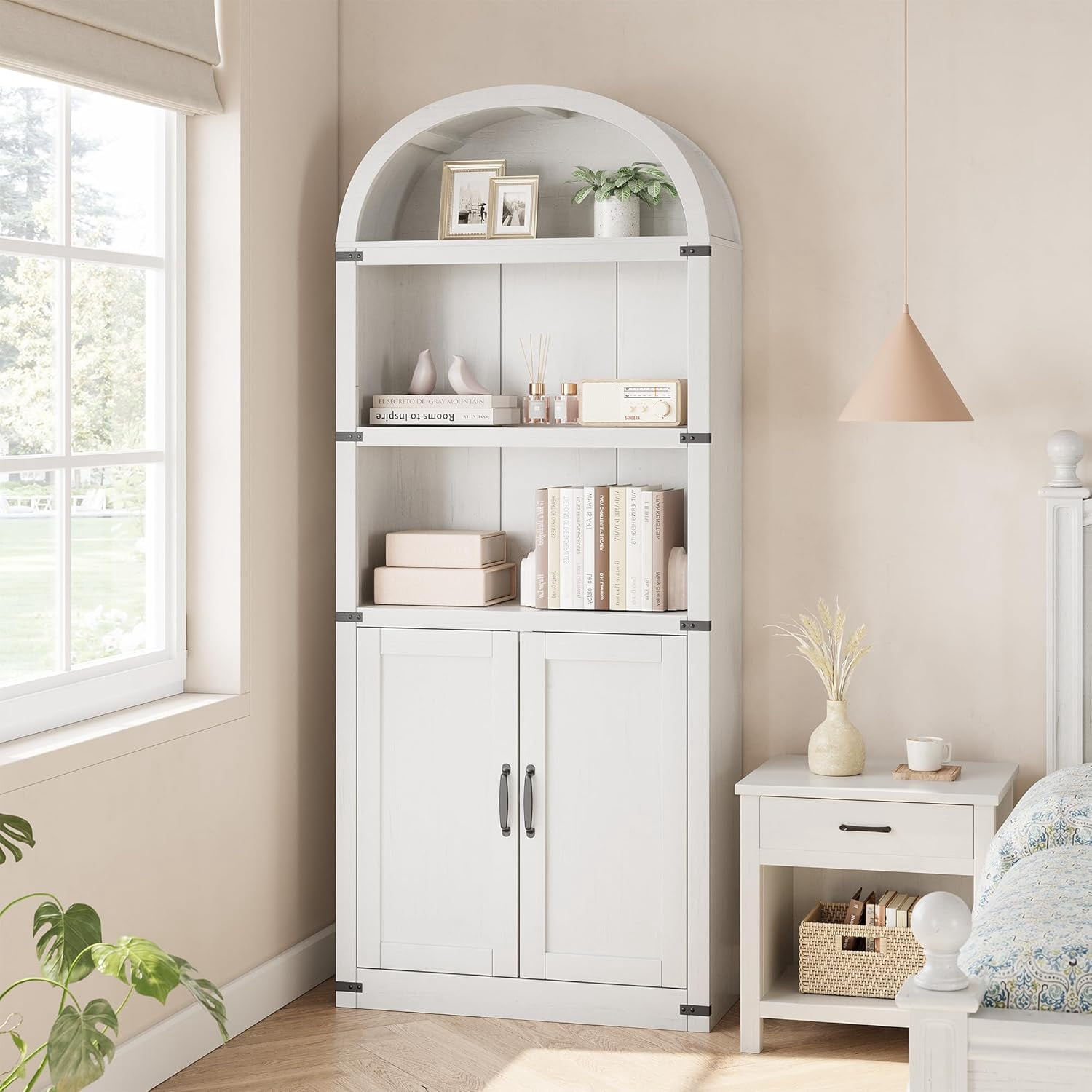 Accreate Bookcase with Doors Arched Bookshelf 71.65in Tall Bookcase Farmhouse Cabinet with Shelves Wooden Bookshelves for Home office, Living Room