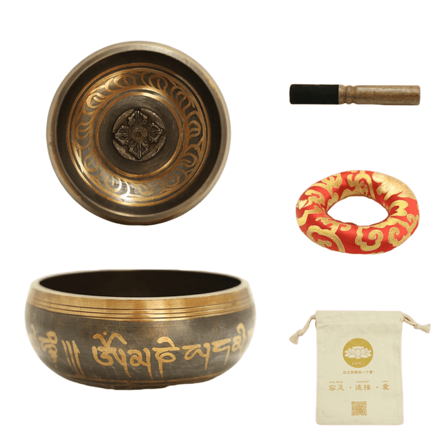 Handmade Nepalese Singing Bowl Set - 17.5cm Diameter with Five Dhyani Buddhas Pattern on Inner Bottom, Comes with Wooden Striker, Random-Color Non-slip Ring Mat & Cotton Linen Storage Bag, Ideal for