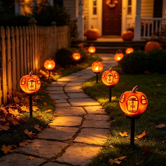 Tarmeek Halloween Solar Garden Lights, Skull Pumpkin Stake Lights, Solar Ground Stake Yard Decor, Waterproof Pathway Lights for Patio Lawn Garden, Auto On at Dusk, Multicolor Plastic Outdoor Decor