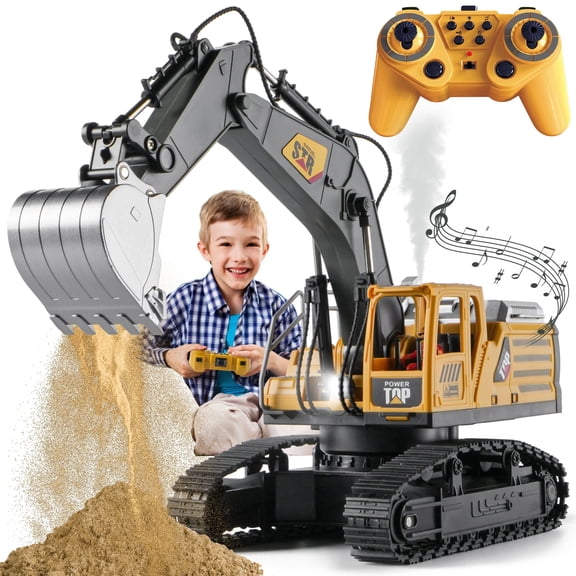 Remote Control Excavator Construction Toy, 14 Channel RC Digger with Simulating Real Engine Spray, 2 Battery, 680° Rotation, Metal Shovel, Lights and Sounds, Christmas Birthday Gift for Boys Kids