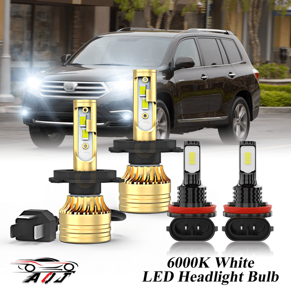 LED Headlight Bulb for Toyota Highlander 2008 2009 2010 - 100,000LM Super-Bright 6000K White, High Low Beam   Foglight Bulbs Combo，Plug & Play, Pack of 4